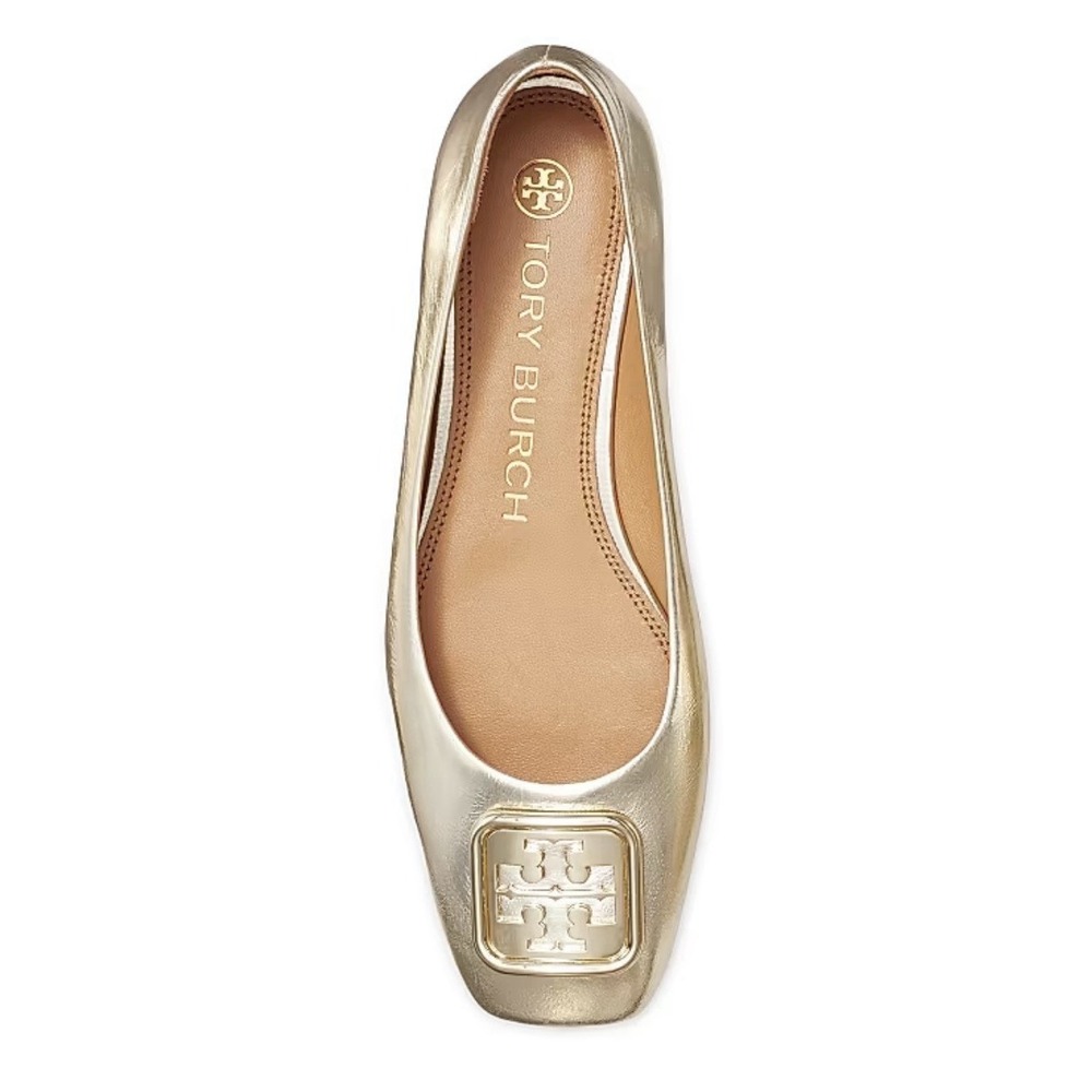 Tory Burch Georgia Gold Metallic Leather Ballet Flats Sz-8M Logo Slip-On Shoes